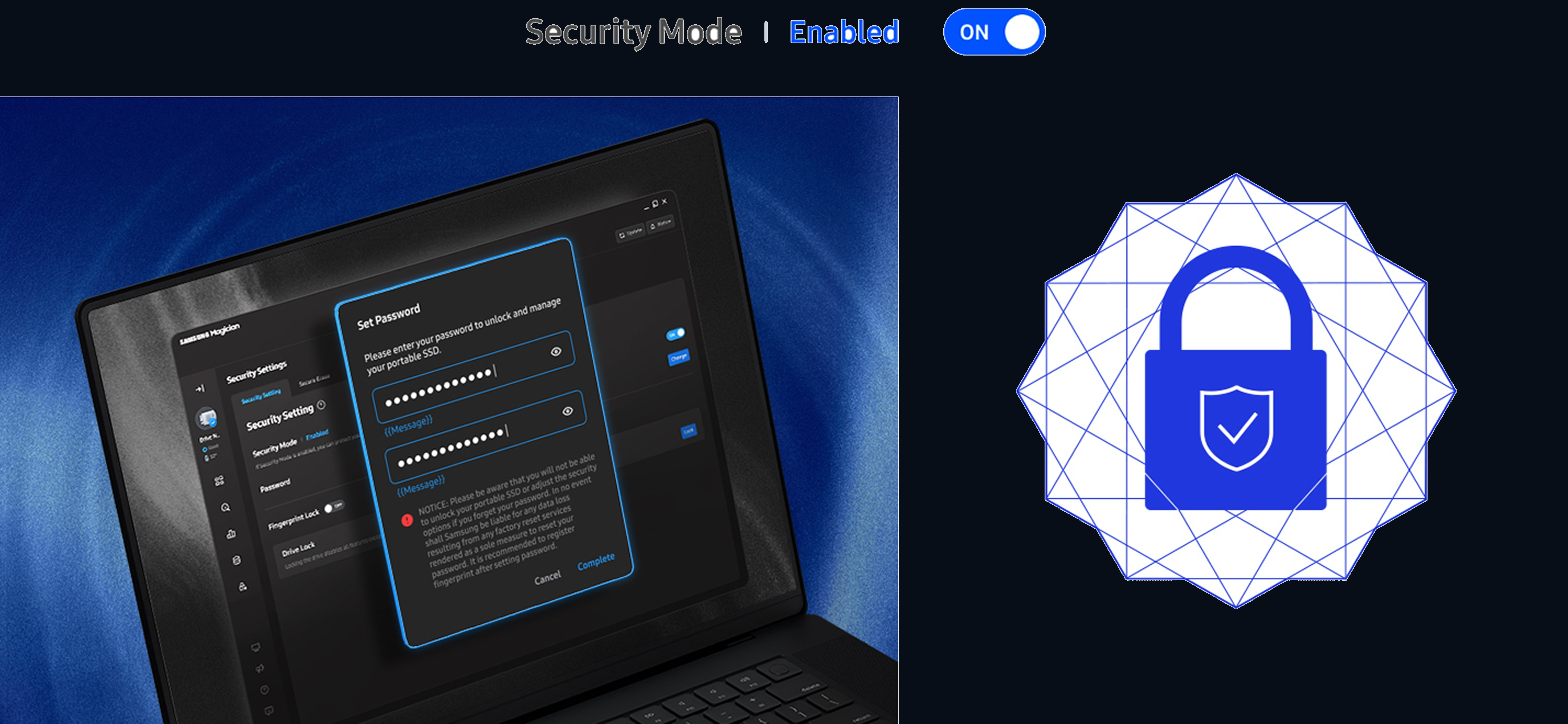 Screen from the Magician console: Security Mode enabled, with a Set Password window on a laptop and a blue padlock graphic.