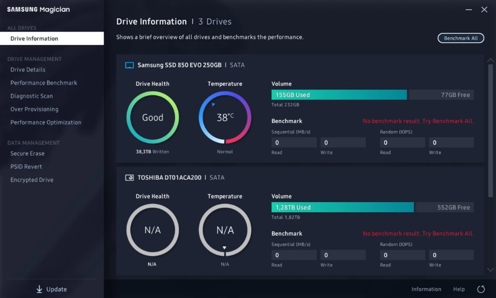 Reference image: Magician Drive Information for three drives, with the Samsung SSD 850 EVO showing Good health, 38 degrees, and 155 GB used.