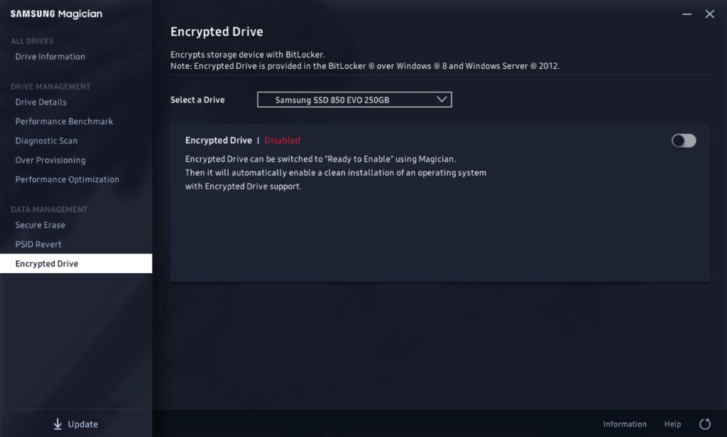 Screen from the Magician console: Encrypted Drive screen set to Disabled for a Samsung SSD 850 EVO, with the BitLocker note for Windows 8 and Windows Server 2012.