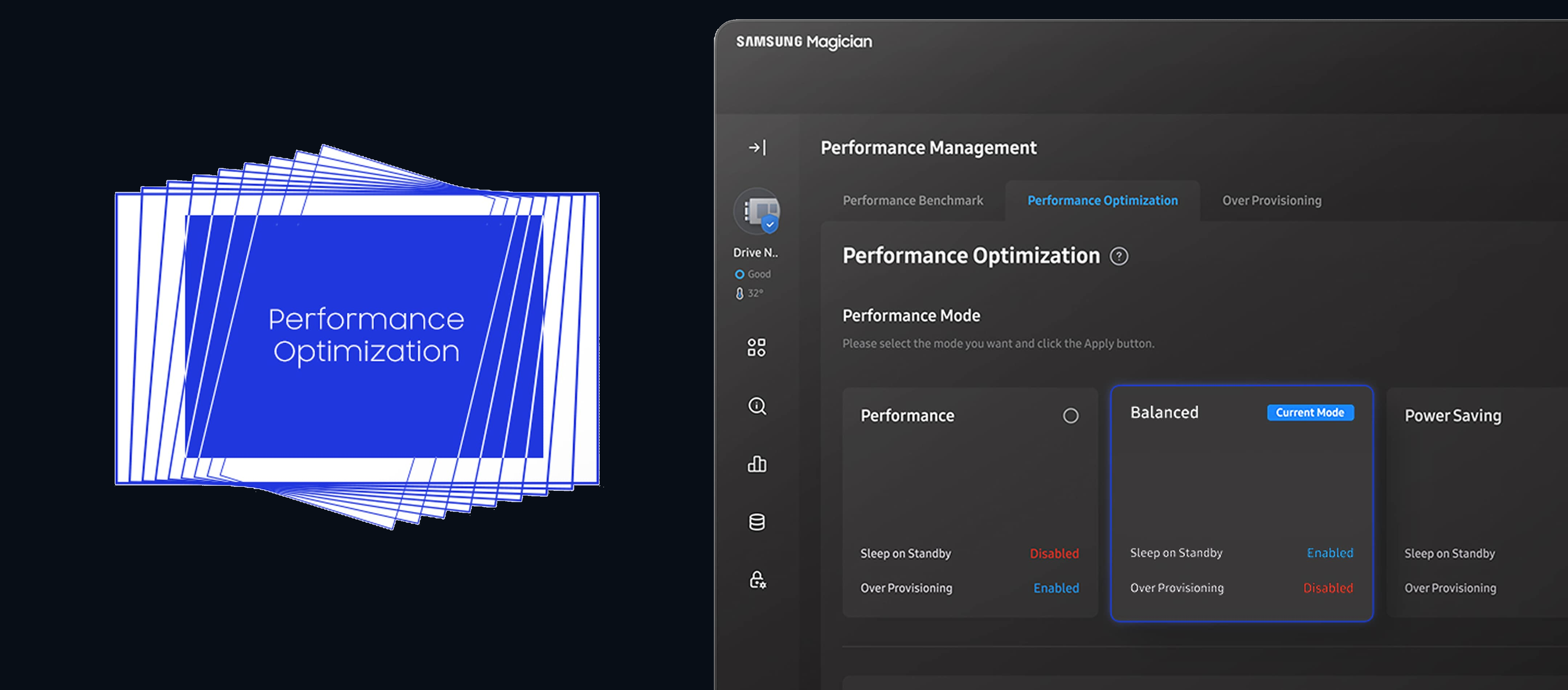 Line illustration for Performance Optimization screen with Balanced set as the current mode, beside a blue Performance Optimization graphic.