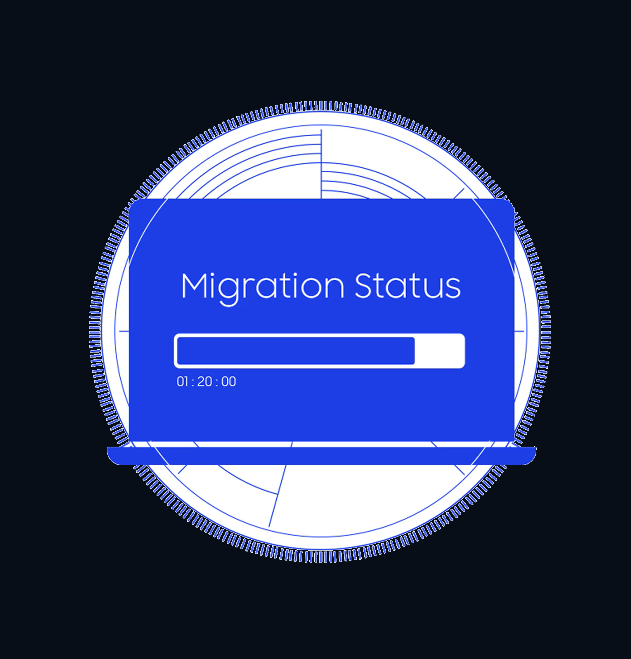 Line illustration for Blue line drawing of a laptop labeled Migration Status, with a progress bar at 01:20:00.