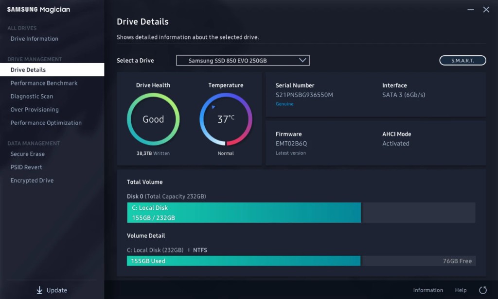 Reference image: Drive Details for a Samsung SSD 850 EVO 250 GB, with health Good, temperature 37 degrees, SATA 3, and firmware marked latest version.