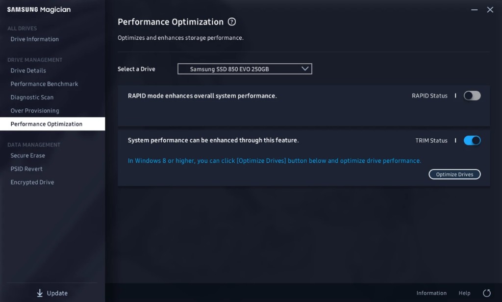 Reference image: Performance Optimization for a Samsung SSD 850 EVO, with RAPID mode off and TRIM status on.