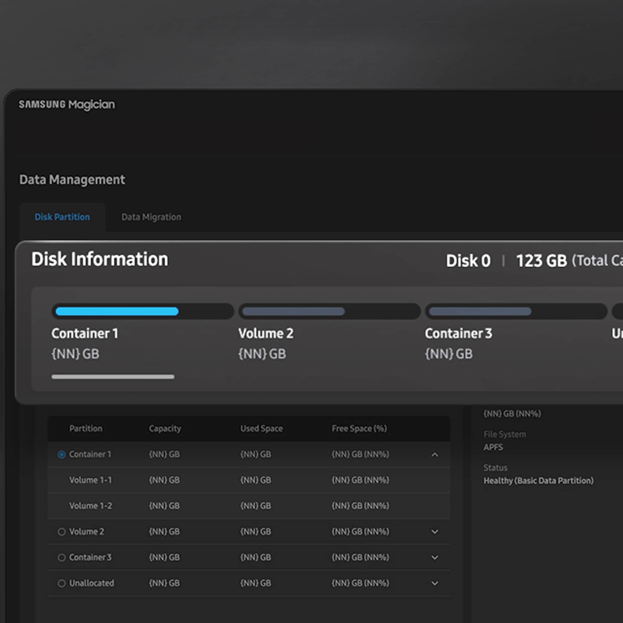 Screen from the Magician console: Disk Partition view in Magician, with Disk 0 split into Container 1, Volume 2, and Container 3.