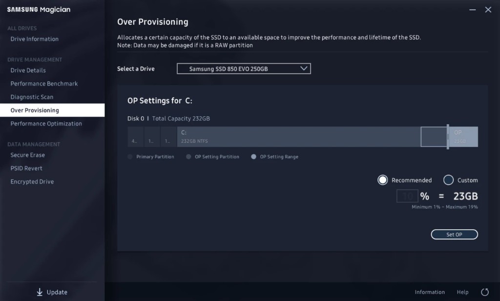 Screen from the Magician console: Over Provisioning set to the recommended 10 percent, equal to 23 GB, on a 232 GB Samsung SSD.